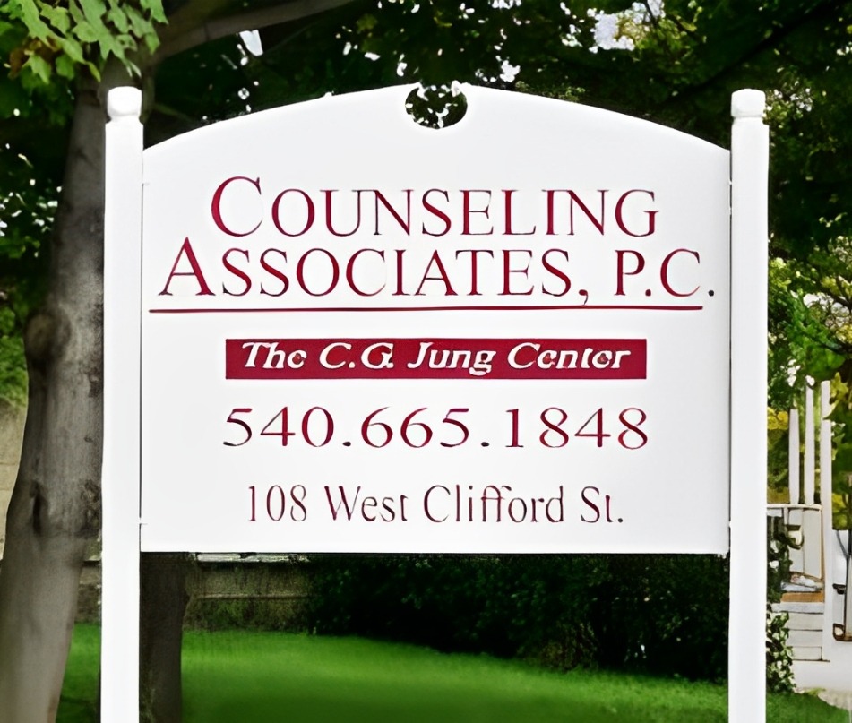 Sign for Counseling Associates, P.C. at The C.G. Jung Center, featuring contact number 540-665-1848 and address 108 West Clifford St.